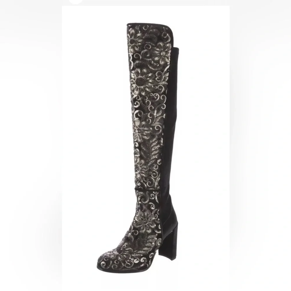 NWT Stuart Weitzman Black Alljil Knee High Sequin-embroidered Velvet Boots Sz 6